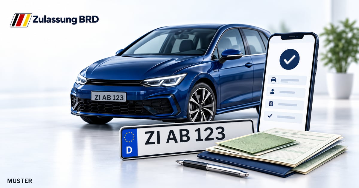 Online Fahrzeugzulassung in Zittau: Musterkennzeichen ZI AB 123, Auto und Fahrzeugpapiere und Smartphone. Illustration mit Logo von Zulassung BRD.